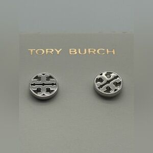 Tory Burch Silver Logo Stud Earrings